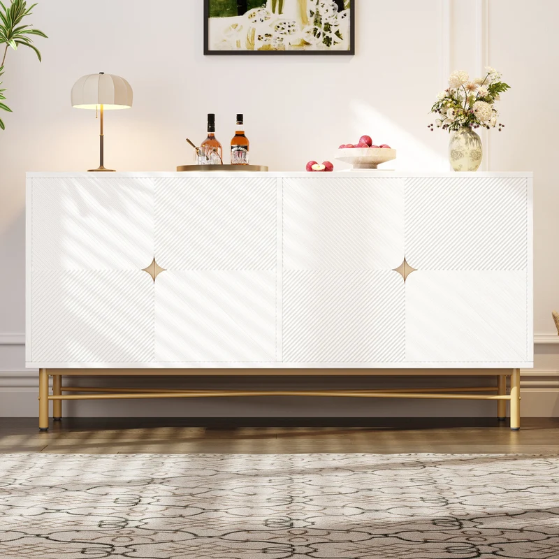 Dressoir – Opbergkast – Kast – Buffetkast – Ladekast – Extra Lang – Vrijstaand – Spaanplaat – Hoogglans Deuren – Gouden Handgrepen – 160 cm Breed – Modern & Rustiek Design – Wit