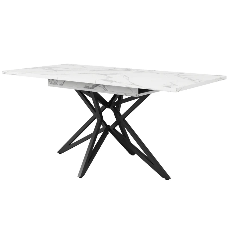 Uitschuifbare Eettafel – Verlengbare Tafel – Keukentafel – Ontbijttafel – Werktafel – Wit MDF Blad – Zwarte Metalen Stervormige Poten – 120x80 cm Uitbreidbaar Tot 160 cm