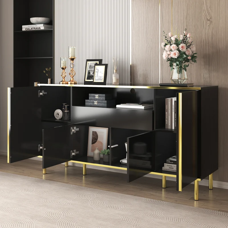 Dressoir – Opbergkast – Buffetkast – Ladekast – Kast – Zwart – Hoogglans – Gouden Accenten – 59x15,75x31 cm – Stevige Vloerstaande Constructie