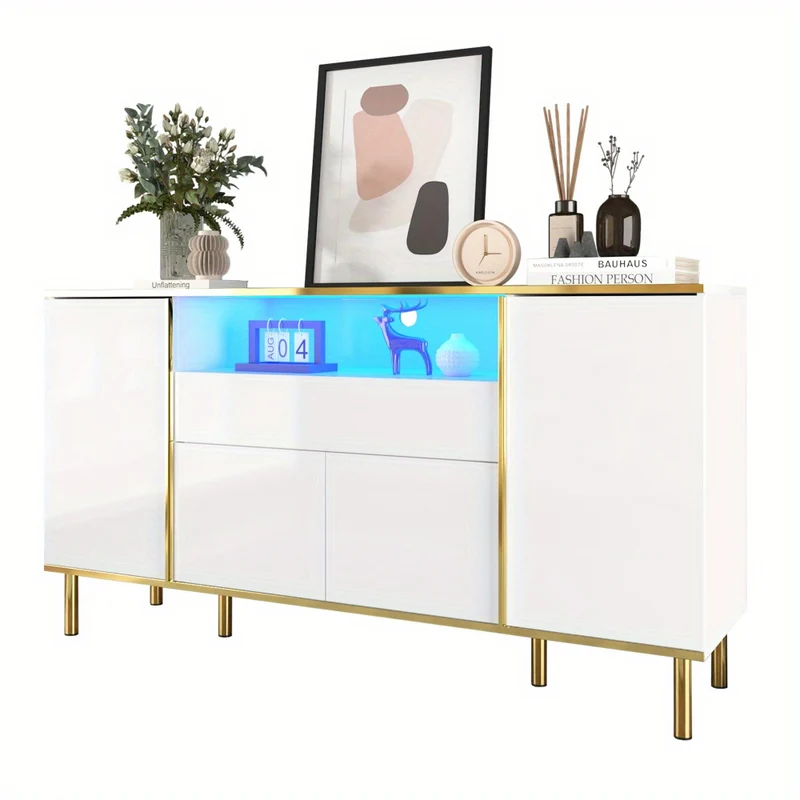 Dressoir – Sideboard – Kast – Opbergmeubel – Ladekast – Hoogglans Wit Met Gouden Accenten – 4 Deuren En 1 Lade – Ruime Opbergruimte – Compact Formaat 59x31x75 cm