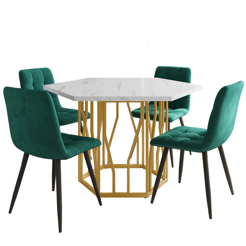 Eettafelset – Dinerset – Tafel En Stoelen – Keukentafelset – Eettafel Met Stoelen – Wit Marmeren Blad – Gouden Stalen Poten – 4 Groene Velvet Stoelen – Compact Hexagonaal Design – Duurzame MDF En Houtframe