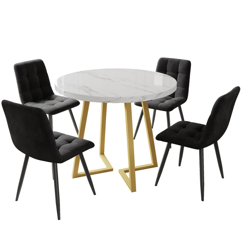 Eettafelset – 5-delig – Ronde Eettafel – Keukentafel – Stoelenset – Compact Diner – Ø80 cm – Wit MDF Tafelblad – Zwarte Fluwelen Stoelen