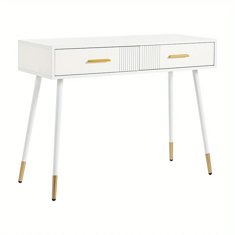 Kaptafel – Make-uptafel – Schminktisch – Dressing Table – Toilettafel – Wit – Met Metalen Gouden Poten – 2 Uitschuifbare Laden – Compact Formaat 40 cm Diep