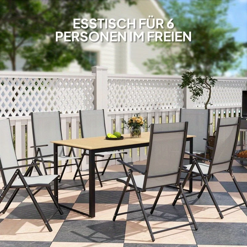 Outsunny Garden Table Metal 175x78cm Weatherproof Balcony Table Wood Look Slat Design Buffet Table Camping Table for 6 People Patio Table Outdoor Dining Table for Garden Terrace Balcony Black, Small Picnic Table, Portable Tab