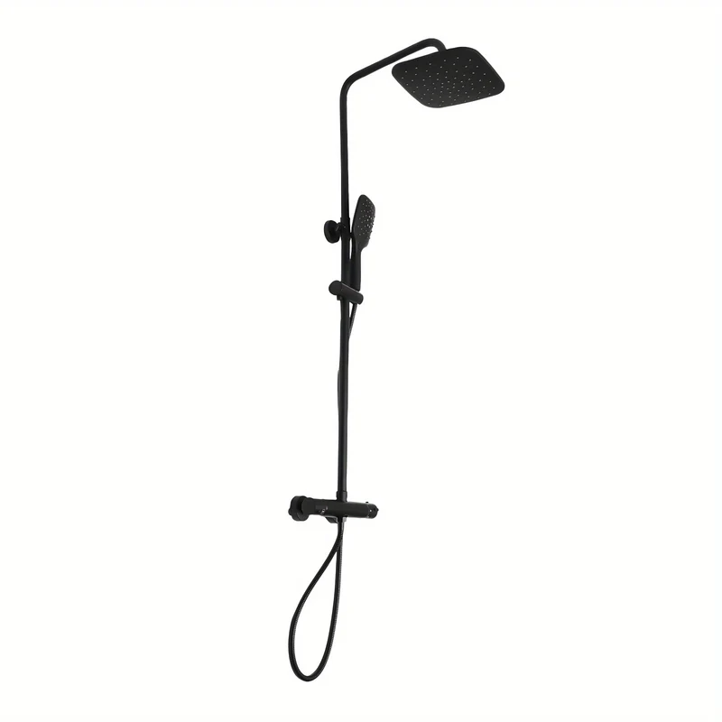 Douche Mengkraan – Douchekraan – Doucheset – Regendouche – Handdouche – Thermostatische Temperatuurregeling – Verstelbare Doucherail 75-122 cm – Mat Zwart