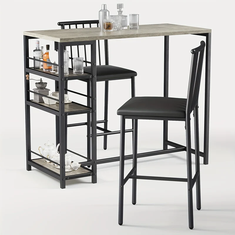 Eettafelset – Eettafel Set – Eetkamerset – Keukentafel Set – Bistroset – Compact Design – Stevige Hardhouten Constructie – Donkerbruin/Zwart – Met Opbergrek – 3-delig met Gestoffeerde Stoelen