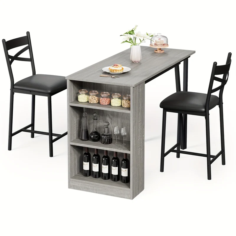 Eettafelset – Uitklapbare Tafel – Keukenstoel – Bartafel – Diningset – Compact Design – 3 Open Planken – Grijs