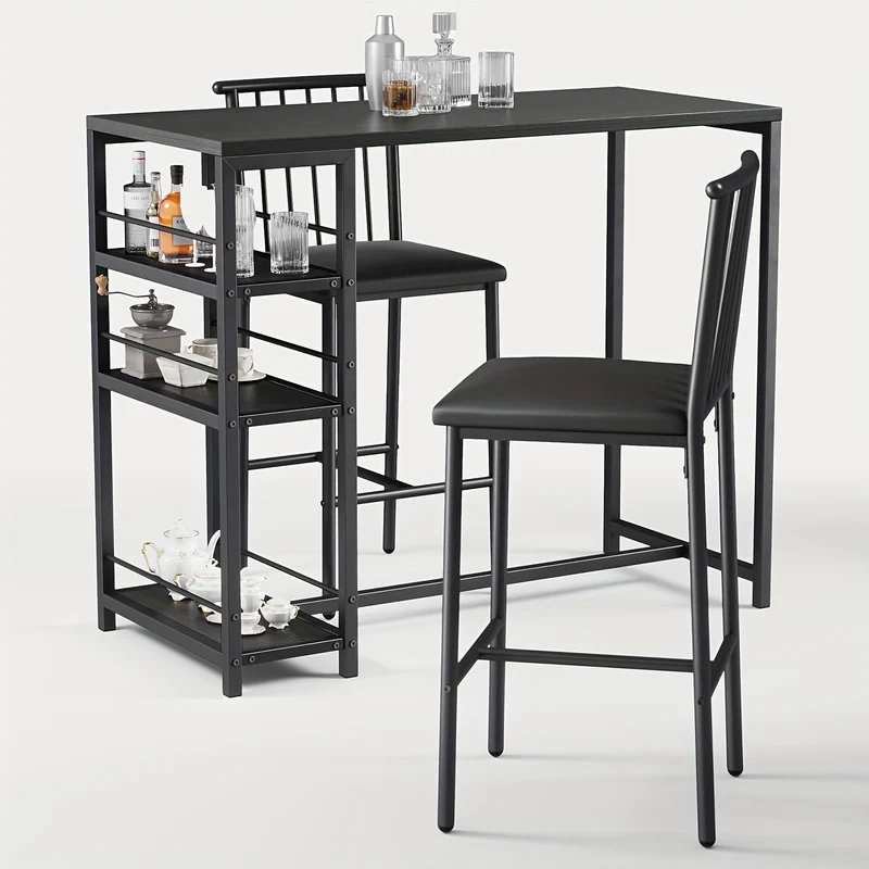 Eettafelset – Eetkamerset – Keukentafelset – Bistroset – Tafel met Stoelen – Compact Ontwerp – Hardhouten Constructie – Donkerbruin/Zwart – Met Opberglade en Gestoffeerde Rugleuningstoelen