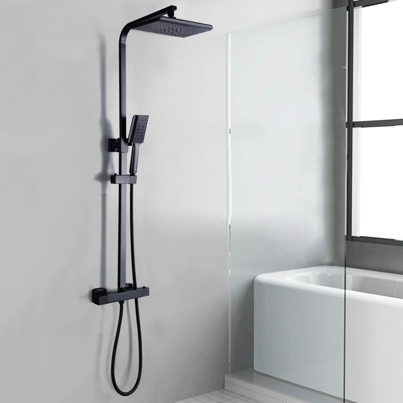 Douchekraan – Douchemengkraan – Thermostatische Mengkraan – Douchethermostaat – Doucheset – Wandmontage – Temperatuurregeling – Waterbesparend – Modern Vierkant Design – Zwart-Witte Afwerking