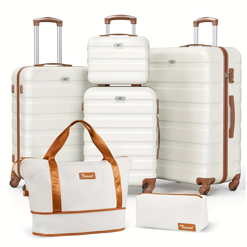 Kofferset – Reiskoffers – Bagage – Trolley – Spinner – Hard shell ABS & PC – TSA-combinatieslot – 5-delige set 14” t/m 28” met 360° wielen – Verstelbare telescoopgreep – Wit-Bruin