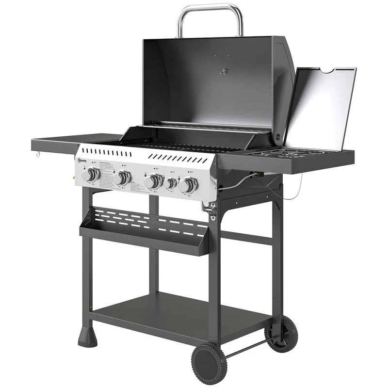 Gasbarbecue – Gas Grill – BBQ Grill – Buitenkeuken – Tafelbarbecue – 4 Hoofdbranders – Zijbrander Met Warmhoudplaat – 135x55x103 cm – Zwart