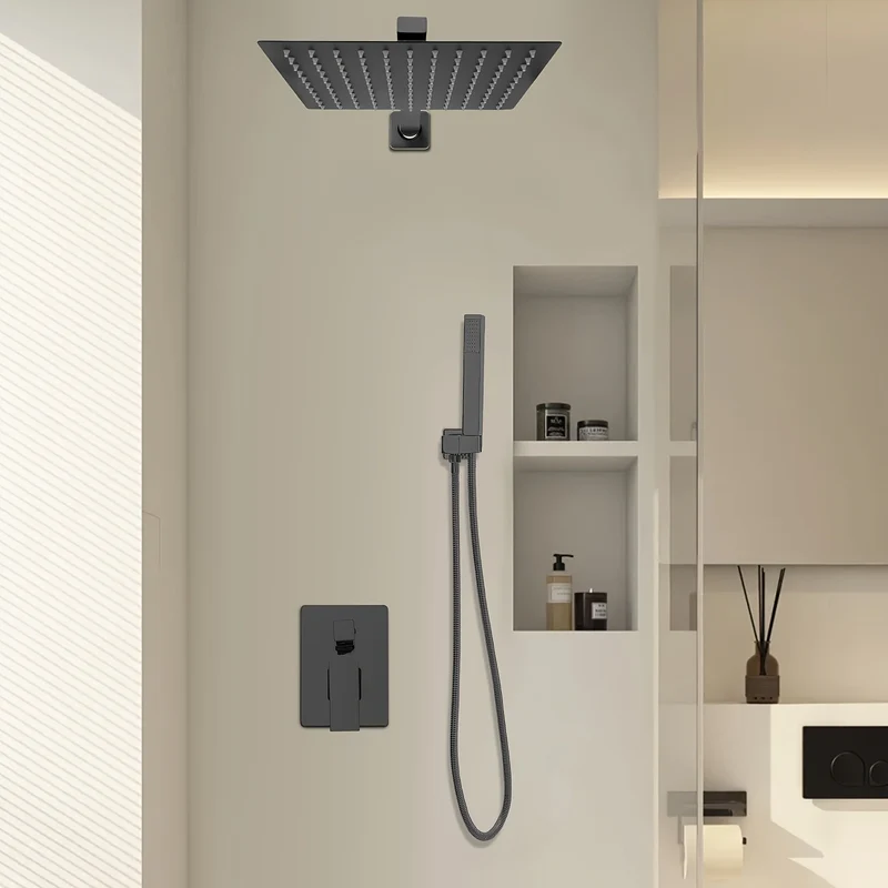Doucheset – Regendouche – Handdouche – Douchekraan – Douchegarnituur – Messing – Mat Zwart – 25x25 cm – Waterbesparend