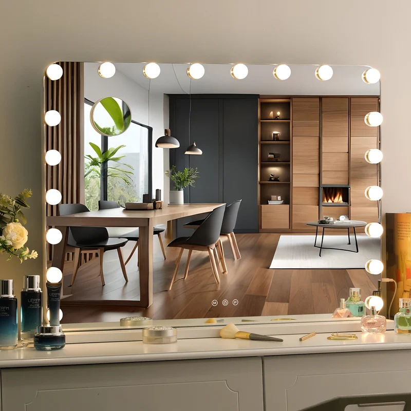 Hollywood make-up spiegel – Make-up spiegel – Verlicht spiegel – Led spiegel – Tafellamp spiegel – 80 x 60 cm – 20 LED lampjes met dimfunctie – USB oplaadbaar – Wit design