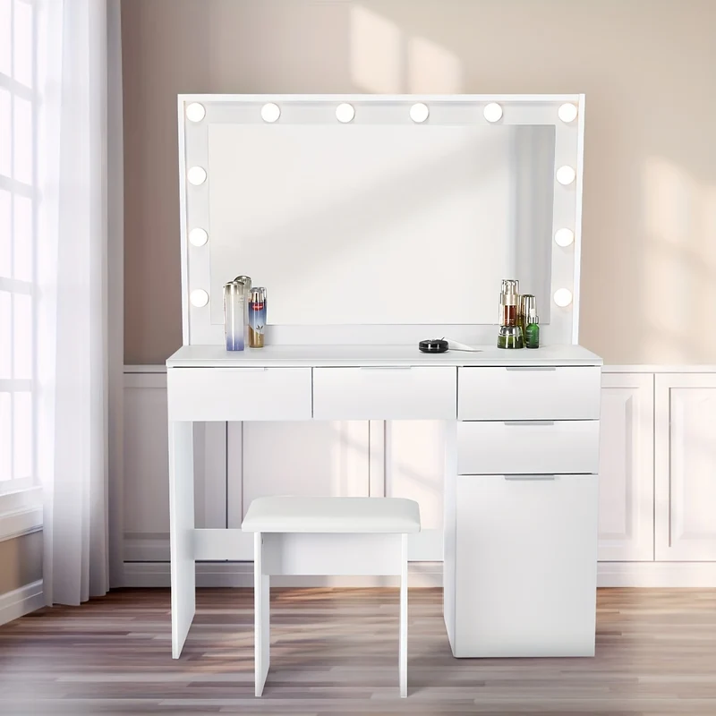 Make-uptafel – Kaptafel – Dressing Table – Vanity – Make-uptafel – Wit – 105x40x140 cm – E1 Spaanplaat – Dimbare LED Verlichting met 3 Kleuren