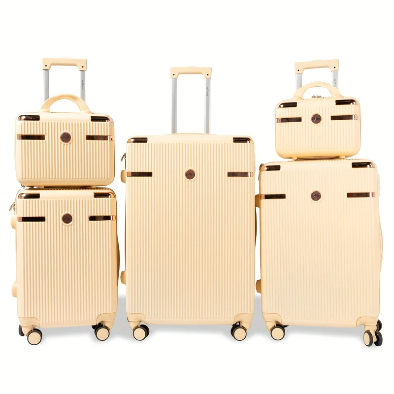 Kofferset – Reiskoffer – Trolleyset – Handbagage – Ruimbagage – Vijfdelig – ABS Hardcase – 360° Wielen – Combinatieslot – Crème