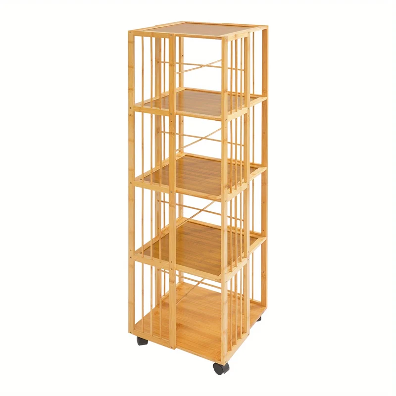 Boekenrek – Boekenkast – Boekenplank – Opbergkast – Vakkenkast – 5 Lagen – Bamboe – Mobiel met Remmen – 132x37x37 cm – Max. 100 kg – Natuurlijk Hout