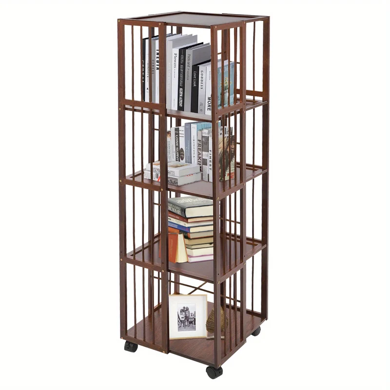 Boekenplank – Wandplank – Boekenrek – Wandrek – Opbergplank – 5 Lagen – Donker Bamboe Met Wieltjes – 360° Draaibaar & Vrijstaand