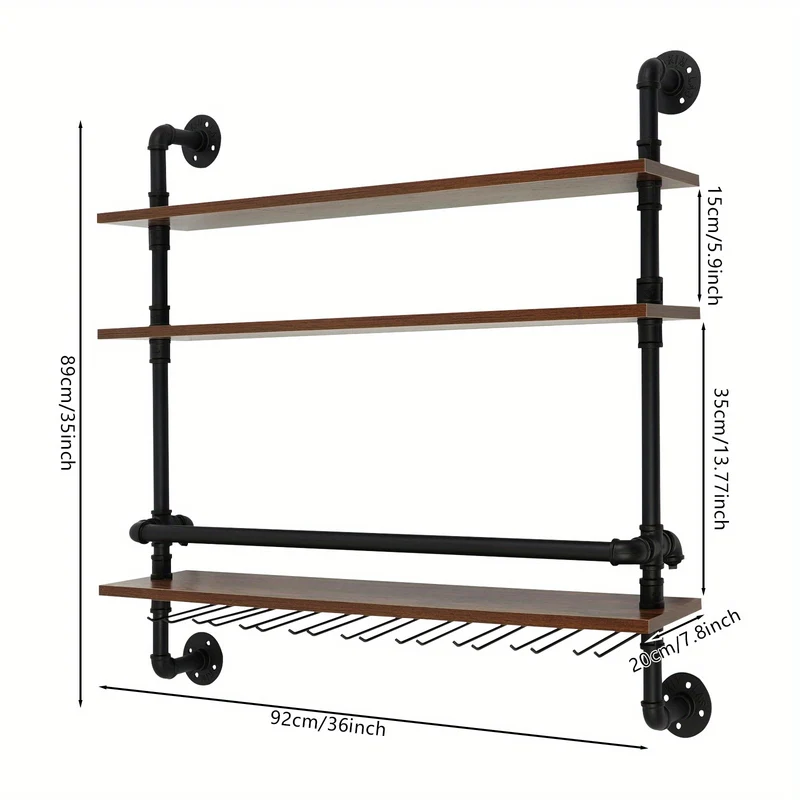 Wijnrek – Flessenrek – Wijnhouder – Wandrek – Wijnopslag – Industrieel Design – Metaal & Hout – Wandmontage – 3 Niveaus – Veiligheidsrand