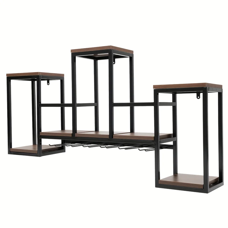 Wijnrek Wandhouder – Wijnfleshouder – Flessenhouder – Wijnhouder – Wandrek – Metalen Wandrek – Stevig IJzer Met Houten Accenten – Draagvermogen 30 kg – Donkerbruin Variant