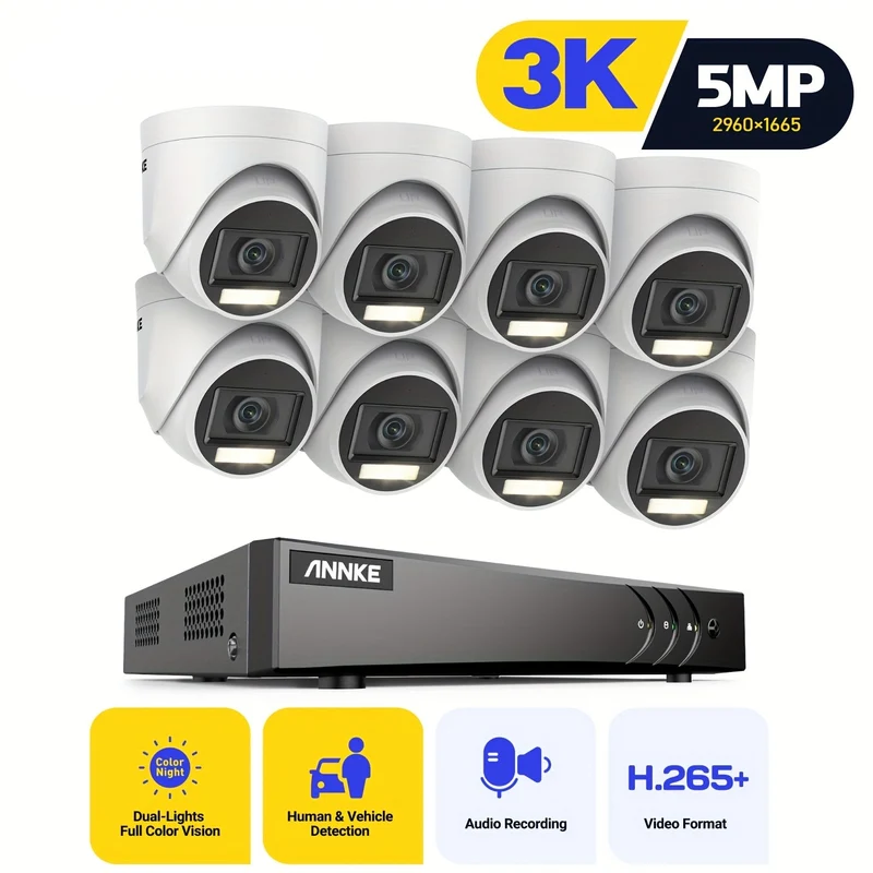 Bewakingscamera – Beveiligingscamera – Camerabewaking – Buitencamera – CCTV-camera – 8 x 5MP 3K Kleurnachtzicht – AI Mens- en Voertuigdetectie met Audio-opname
