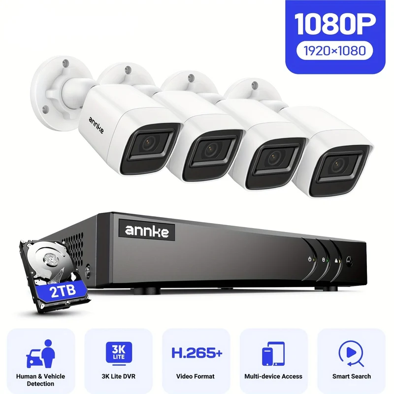 Beveiligingscamera – Camerabewaking – Bewakingscamera – Buitencamera – IP-camera – 8-kanaals 3K Lite DVR – AI Mens- & Voertuigdectectie met 4x 1080P Bekabelde Camera’s en 20m Infrarood Nachtzicht