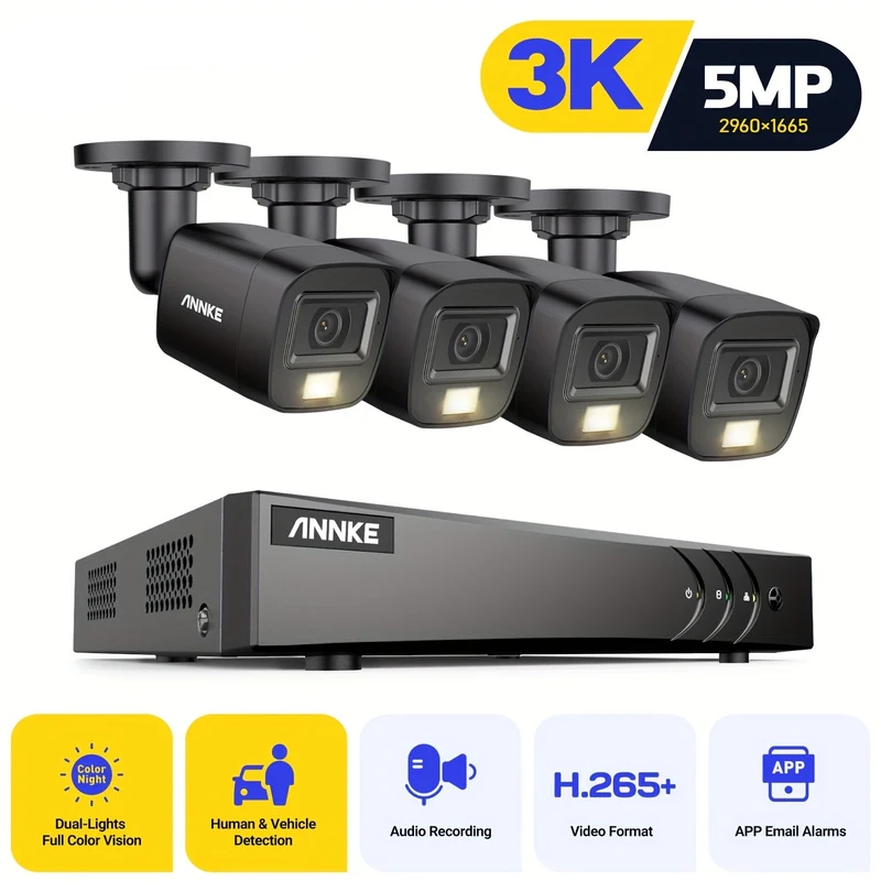 4-Kanaals 3K Beveiligingssysteem – Camera Set – CCTV Systeem – Bewakingscamera – Surveillance Kit – AI Persoons- en Voertuigdetectie – Smart Dual-Light Nachtzicht