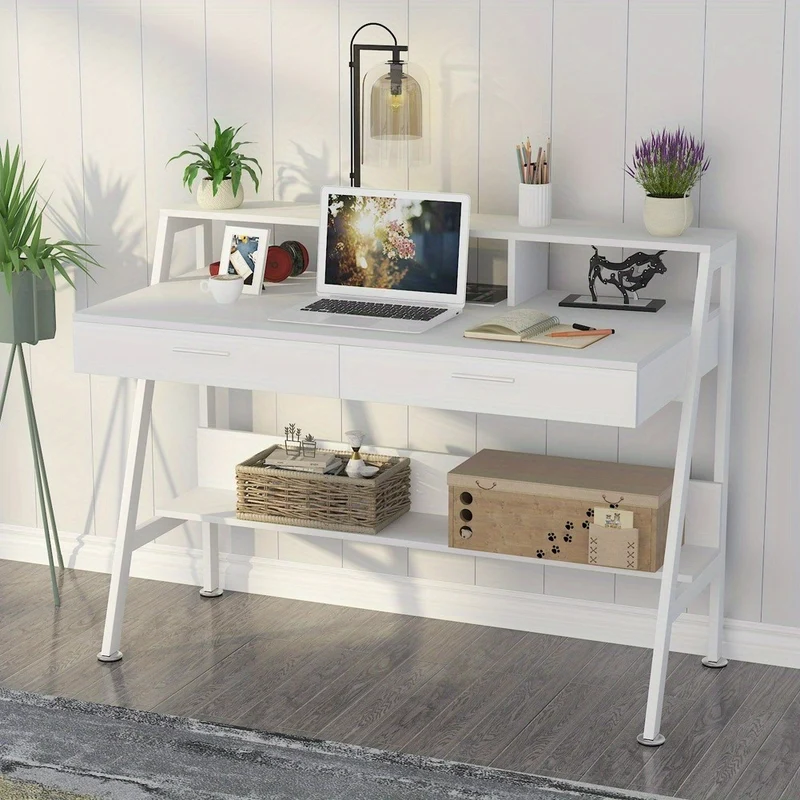 Bureau – Bureautafel – Computertafel – Werkplek – Schrijftafel – Wit Hout – Met Opbergruimte en Monitorstandaard – 120 cm Breed