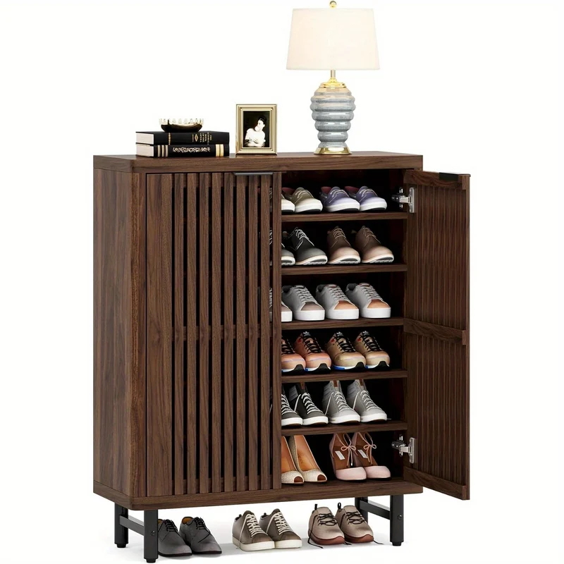 Schoenenkast – Schoenenrek – Opbergkast – Schoenenbank – Schoenenopberger – 6 Lagen – Metalen Constructie – Voor 24 Paar Schoenen – Verstelbare Legplanken – Ventilerende Lamellendeuren – Donkere Walnoot