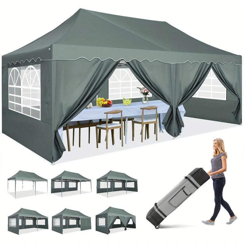Pop-up Tent – Partytent – Marktentent – Buiten Tent – Vouwtent – Grijs – 3x6 Meter – 6 Zijwanden – UV50+ Bescherming – Wieltas & Zandzakken