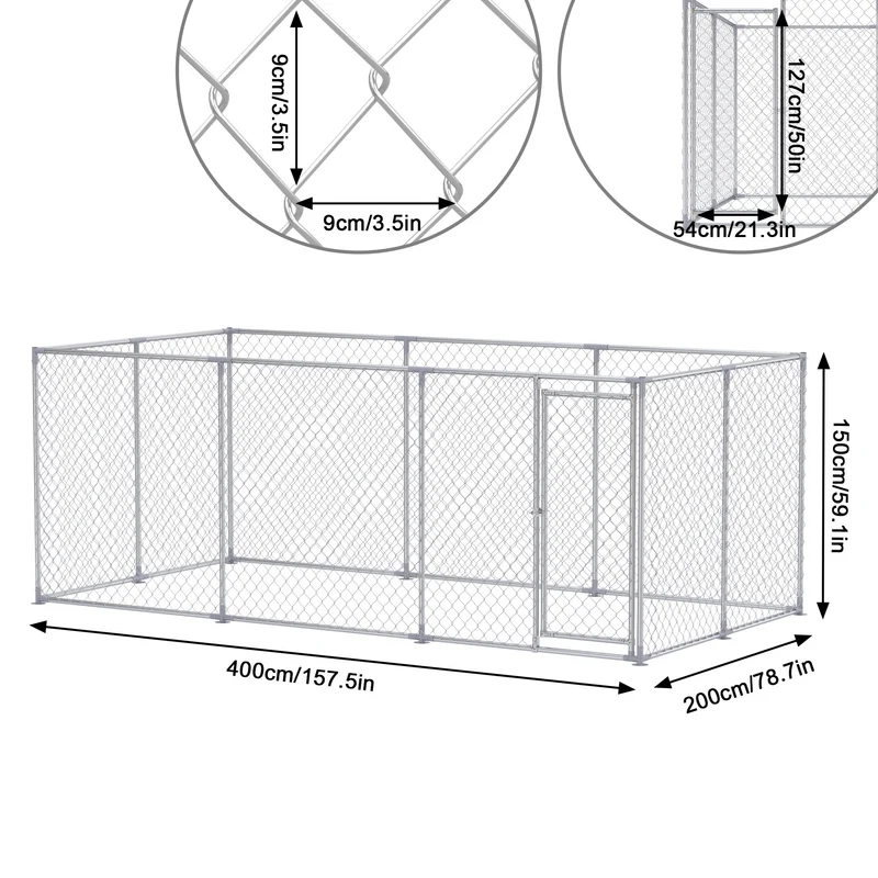 Kippenhok – Kippenren – Pluimveeverblijf – Buitenren – Kippenhok Zonder Dak – Ruim 400x200x150 cm – Gegalvaniseerd Staal – Ventilatie – Vergrendelbare Deur