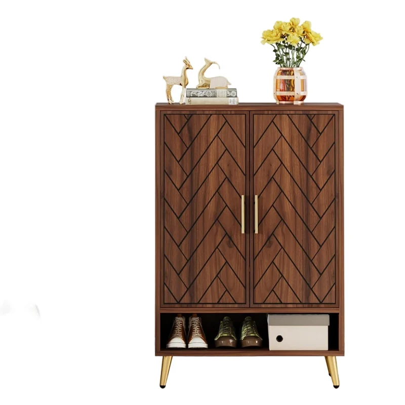 Schoenenkast – Schoenenrek – Schoenenopberger – Halkast – Schoenenbank – 6 Lagen – Hout Met Walnoot – Verstelbare Planken – 24 Paar Schoenen – Gouden Poten