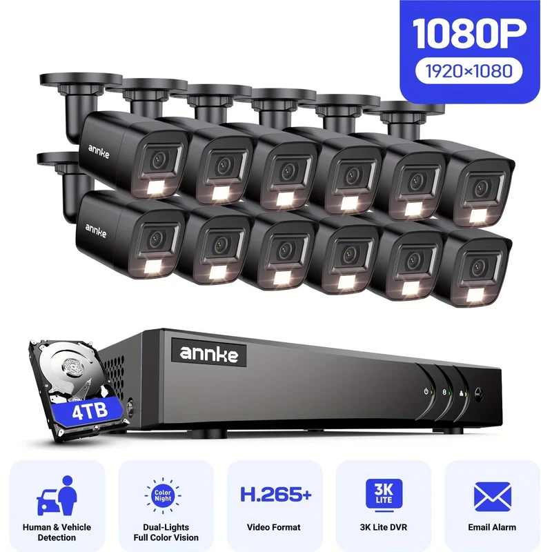 Bewakingsset – Beveiligingssysteem – CCTV Camera Set – Surveillance Kit – Camera Beveiliging – 16-Kanaals Recorder – 12x 1080p Full HD Camera’s – AI Mens- en Voertuigdetectie – 4TB Opslag met Nachtzicht tot 20 Meter