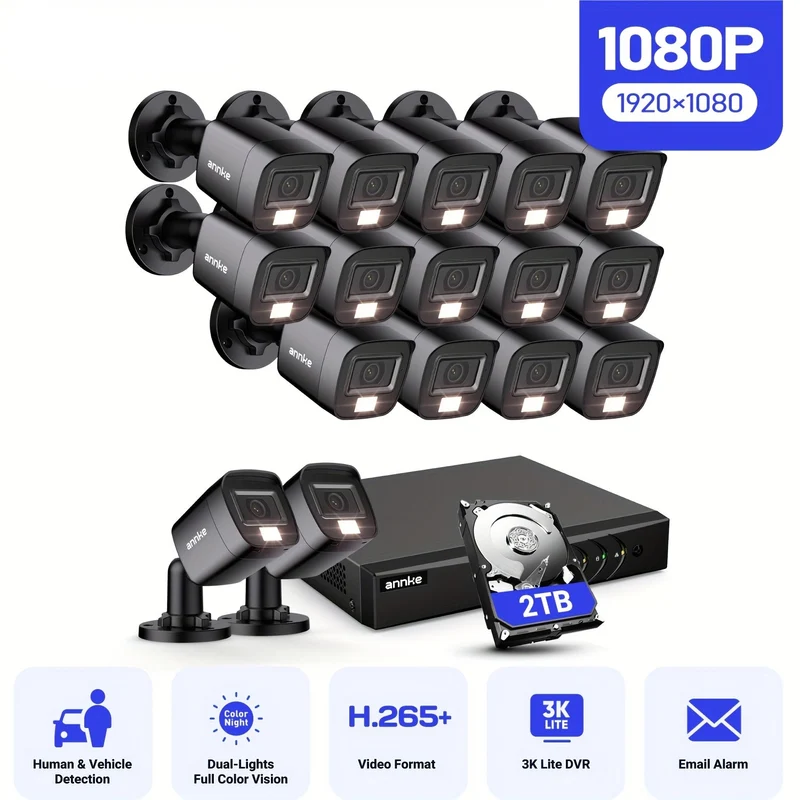 Beveiligingscamera Set – Camerabewaking – Bewakingscamera Systeem – CCTV Camera Kit – 16-Kanaals DVR Recorder – AI Bewegingsdetectie – 2TB Opslag – Nachtzicht 20 Meter