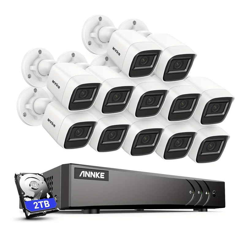 Bewakingscamera Systeem – Beveiligingscamera Set – Camerabewaking – CCTV Camera – Bewakingscamera Set – 12x 1080P Camera’s – 16-Kanaals Recorder – AI Bewegingsdetectie – 2TB Opslag