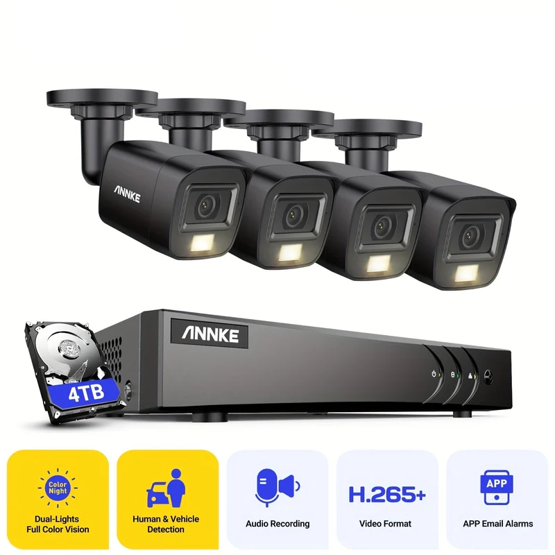 Beveiligingssysteem 4 Camera’s – CCTV Camera Set – Beveiligingscamera Outdoor – Surveillance Systeem – 4TB HDD Opslag – 3K Ultra HD Resolutie – AI Kleur Nachtzicht Tot 25 Meter