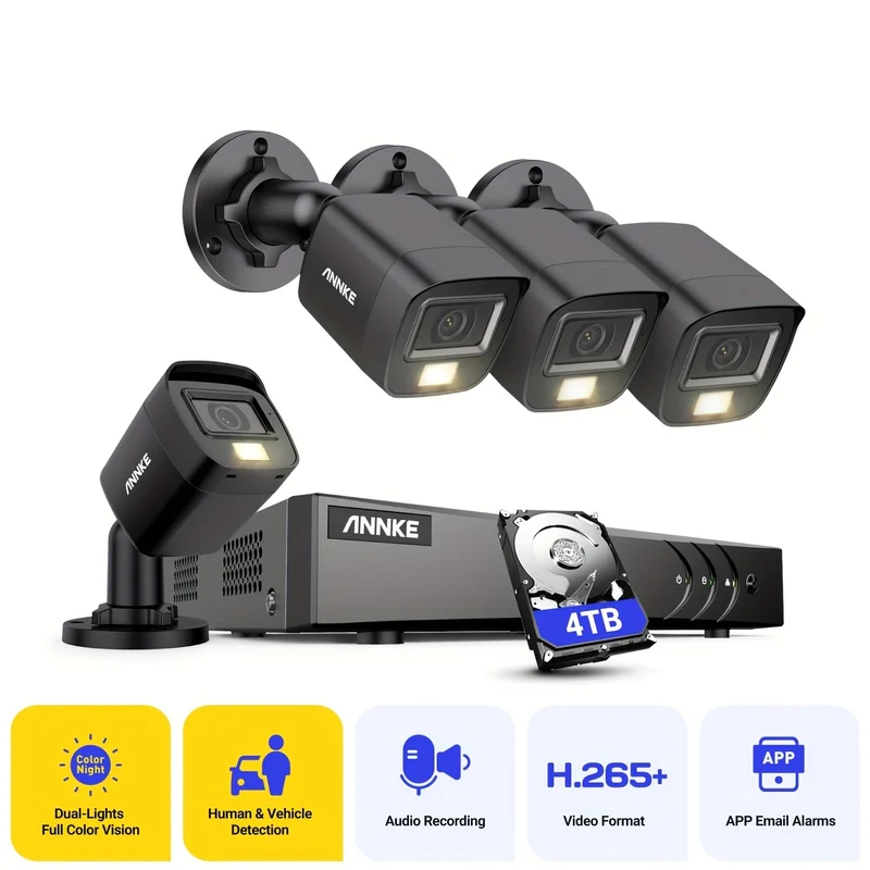 Beveiligingssysteem – Bewakingscamera – CCTV Camera – Videoset – Beveiligingscamera – 4 Kamera’s 5MP Outdoor – 4TB HDD Opslag – AI Mens-/Voertuigdetectie – Kleurennachtzicht