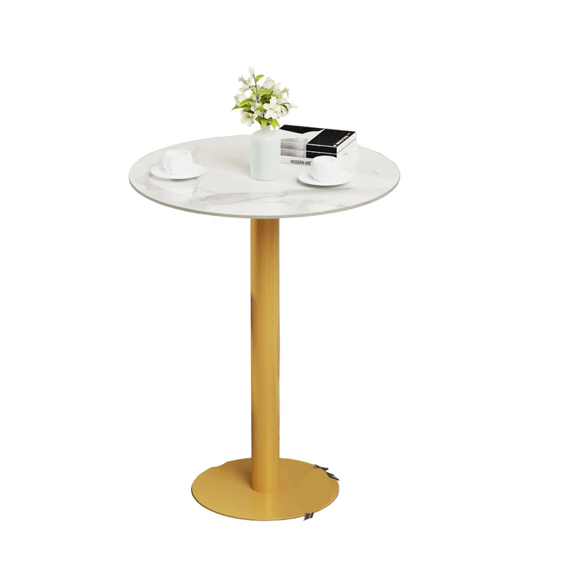 Ronde Bartafel – Hoge Tafel – Statafel – Bar Tafel – Café Tafel – Wit Gesinterd Steen – Gouden Metalen Onderstel – 76 cm Diameter – 100 cm Hoogte
