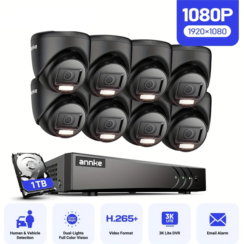 Beveiligingscamera System – CCTV Camera – Cameraset – Surveillance Camera – Beveiligingsset – 8CH Bedraad – 1080P Turret Camera’s – Nachtzicht 30m – AI Mens- en Voertuigdetectie