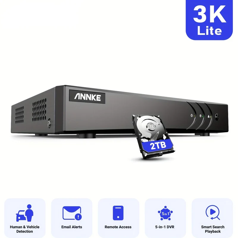 Beveiligingsrecorder – DVR – Videorecorder – Opnamerecorder – Bewakingsrecorder – 8 Kanaals Hybrid 5-in-1 – AI Mens- en Voertuigdetectie – H.265+ Videocompressie – 2TB Opslag – Zwart