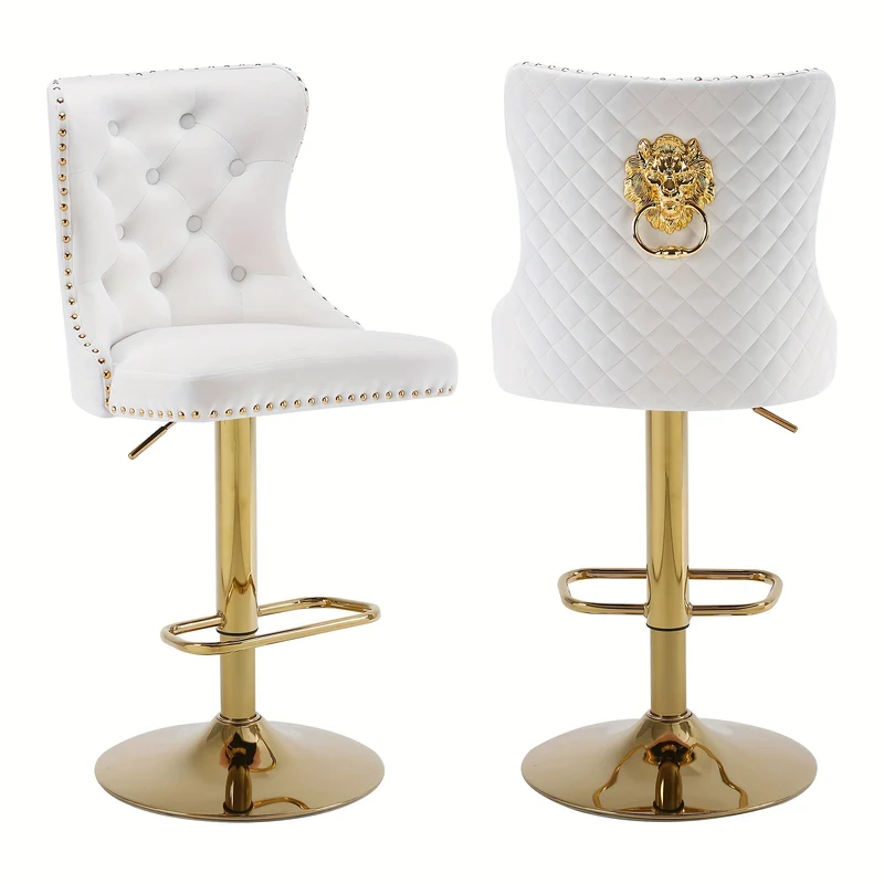 Barstoelen – Barkrukken – Krukken – Keukenstoelen – Hoge Stoelen – Set Van 2 – Draaibaar Met Verstelbare Zithoogte – Wit Fluweel Met Gouden Frame