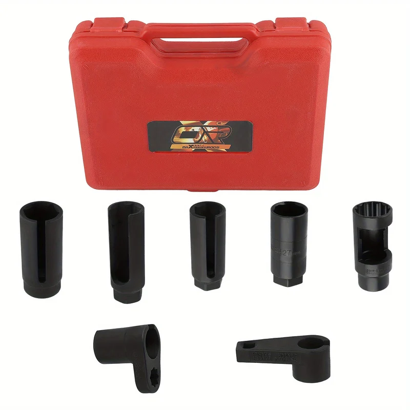 Oxygen Sensor Socket Set – Zuurstofsensor Steeksleutel – Sensorverwijderaar – Injector Socket – Temperatuurschakelaar Tool – 7-delig – Chroom Vanadium Staal – Maten 22mm 27mm 29mm