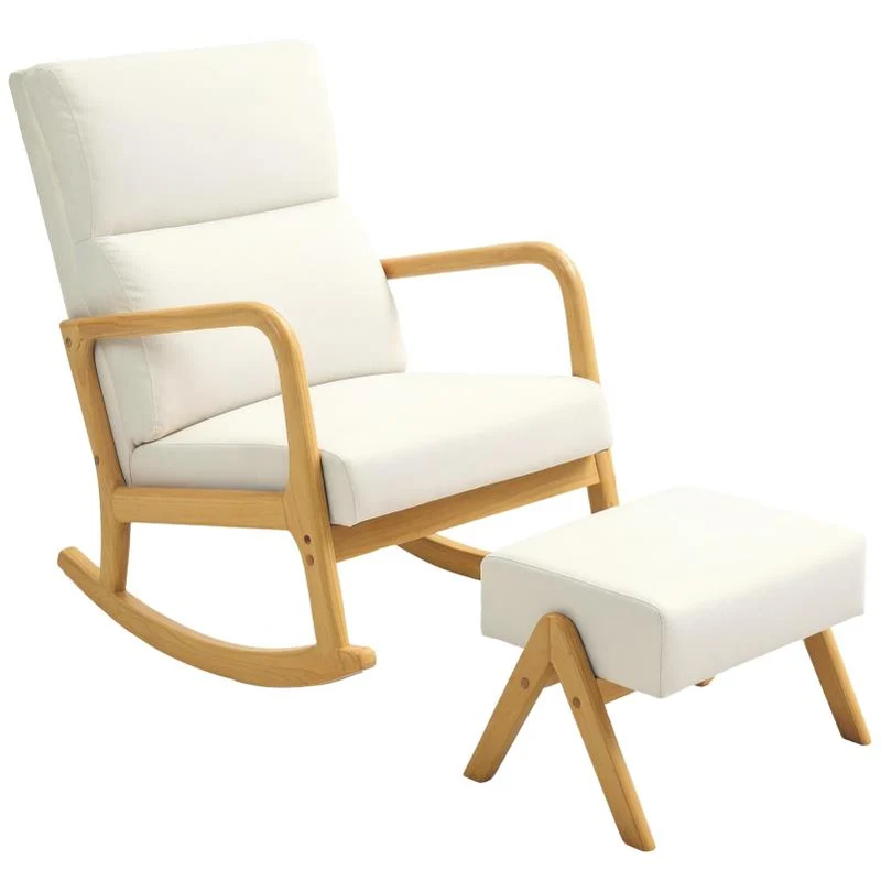 Schommelstoel – Relaxstoel – Fauteuil – Woonkamerstoel – Babystoel – Linnen Look Bekleding – Houten Poten – Oversized Zitting – Draagkracht 150 kg