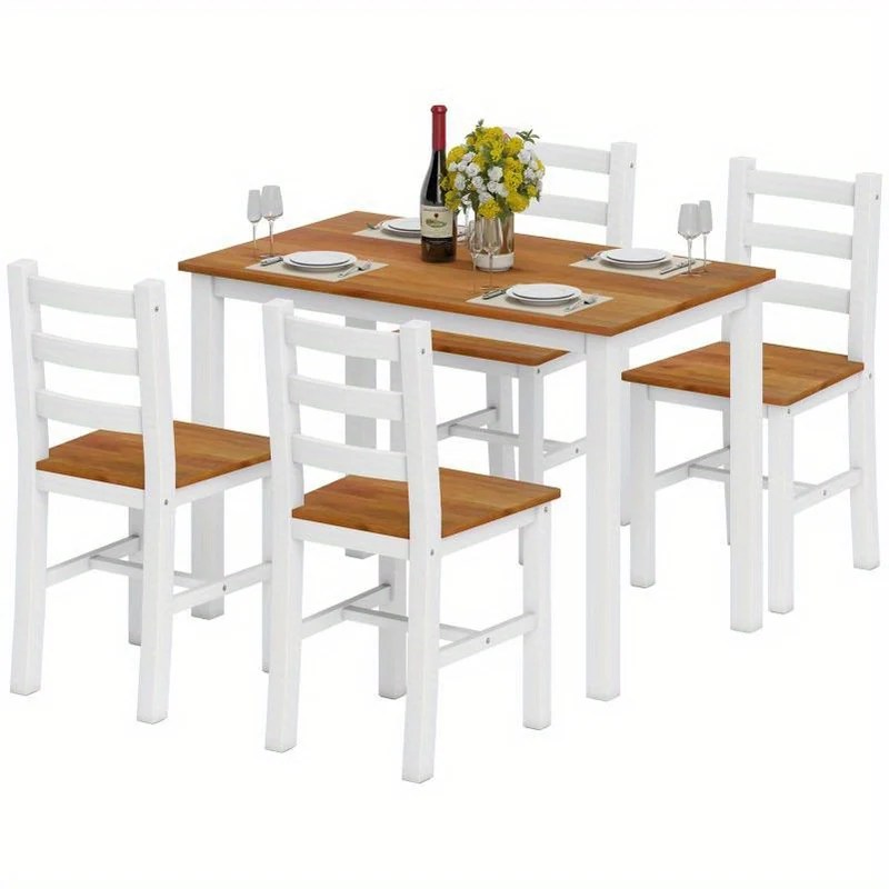 Eettafelset – Dinerset – Houten Tafel Set – Eetkamerset – Massief Hout – Stevig Massief Dennenhout – Modern Bruin-Witte Afwerking