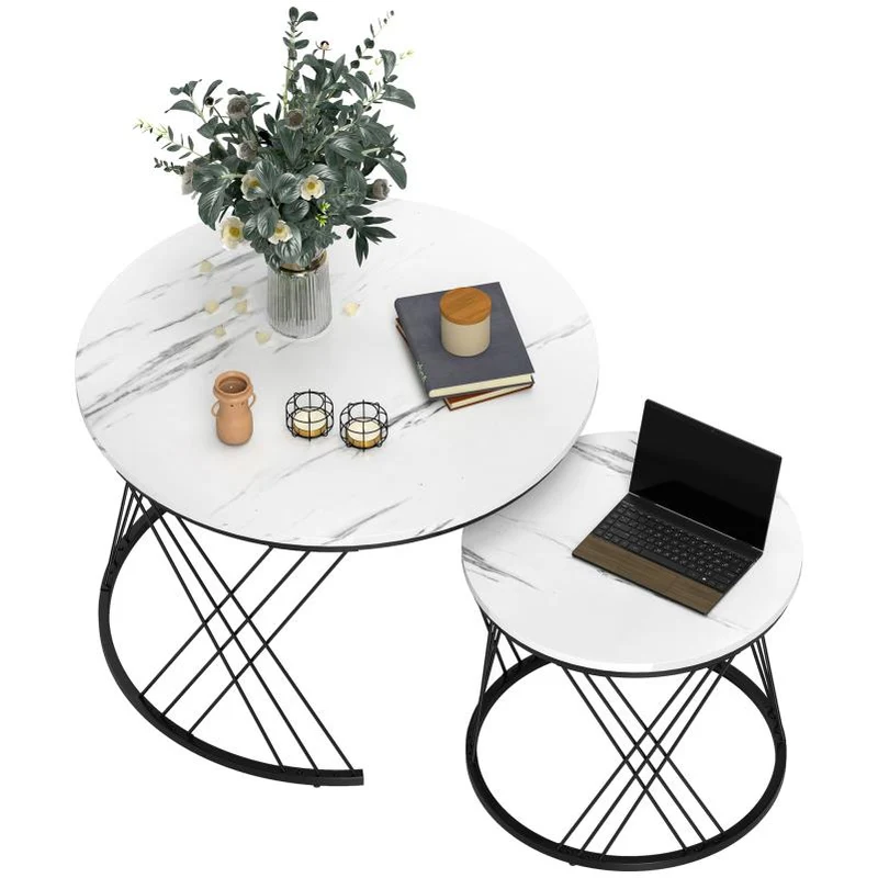 Salontafel – Woonkamertafel – Bijzettafel – Koffietafel – Patioset – Ronde Set Van 2 – Wit Spaanplaat Marmerlook – Metalen Geometrisch Onderstel