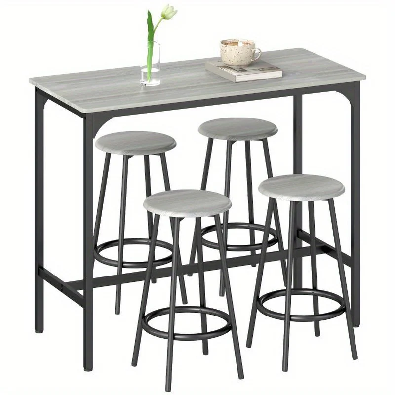 Barkrukkenset – Barkrukken – Barkruk – Keukenkruk – Barstoel – Industrieel Design – Metalen Onderstel Grijs – Massief Houten Tafelblad – 5 Zits