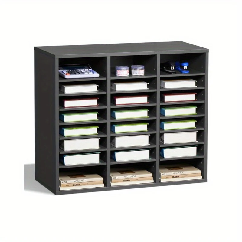 Houten Organizer – Boekhouder – Tijdschrifthouder – Documentenrek – Opbergmeubel – 24 Verstelbare Planken – Grijs Fiberboard – Compact & Duurzaam