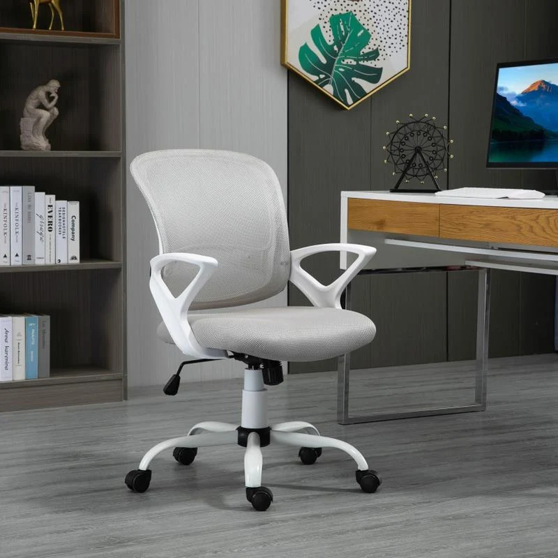 Ergonomic Mesh Office Chair with Adjustable Swivel & Height - Breathable Linen-Look Fabric, 360° Swivel, 5-Point Lumbar Support, 5-Level Airflow Perforated Backrest, 5-Point Ergonomic Design for Home & Work, Gray, Office Cha
