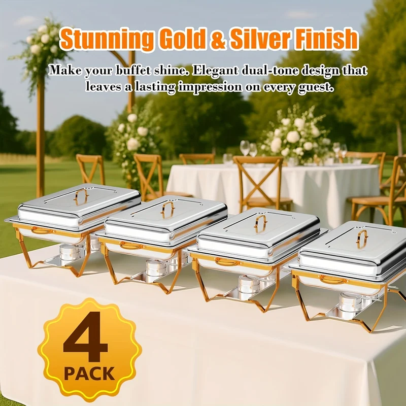 Golden Chafing Dish Buffet Set, 8QT High Grade Chafing Dishes for Buffet, Chafers and Buffet Warmers Sets for Wedding, Rolled-Edge Design, Only For Cooking
