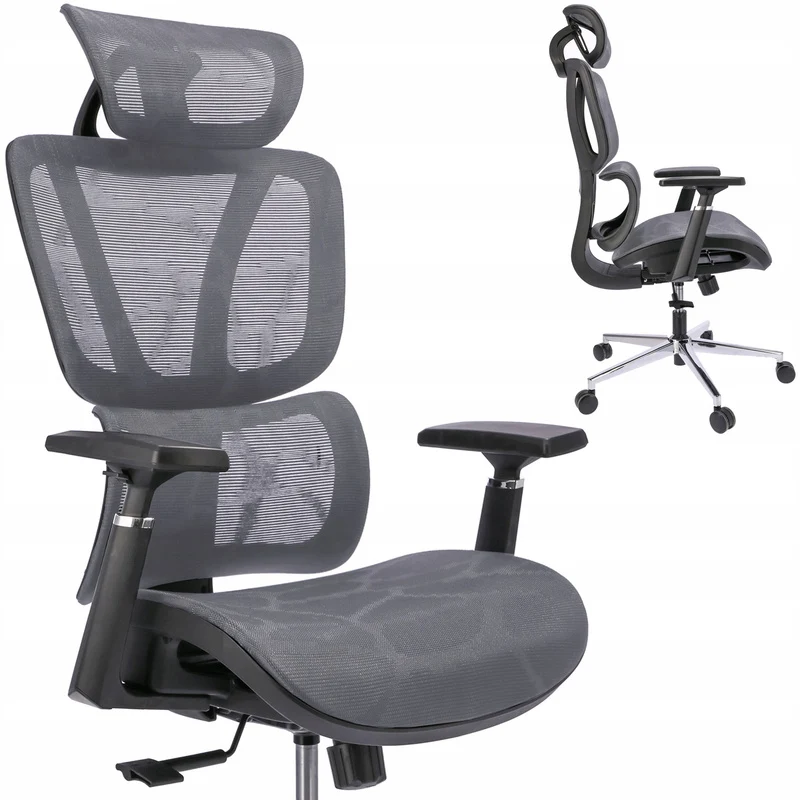 Bureaustoel – Draaistoel – Office Chair – Kantoorstoel – Ergonomische stoel – Verstelbare hoofdsteun & armleuningen – Ademende mesh bekleding – Max. 120 kg draagvermogen – Hoogte verstelbaar 50-58 cm - Grijs
