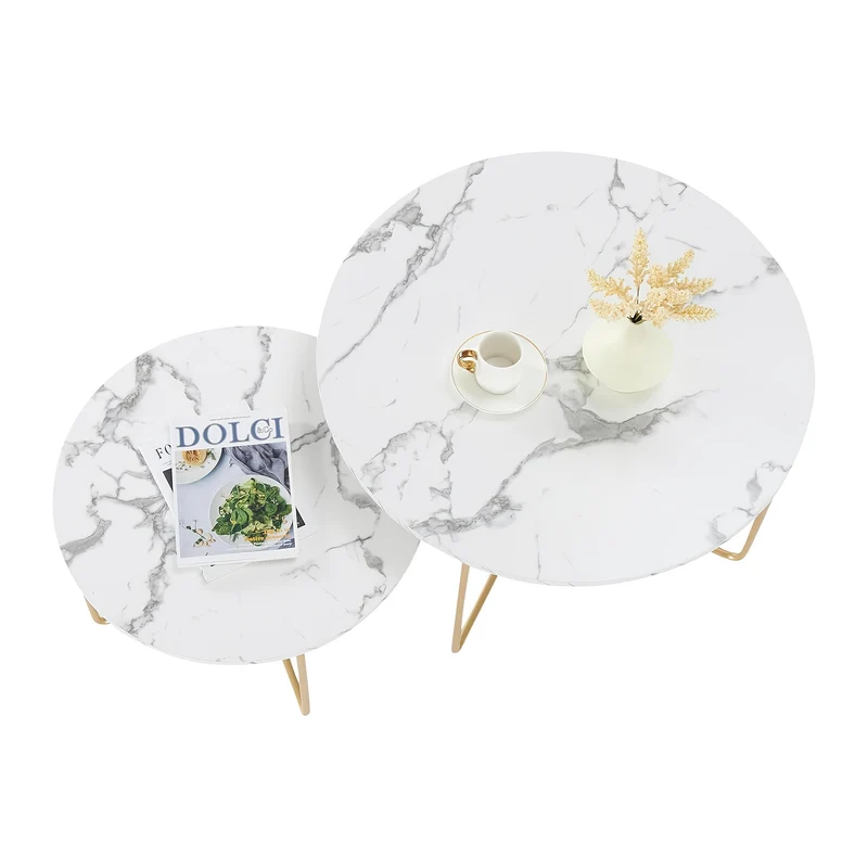 Ronde Salontafel – Bijzettafel – Koffietafel – Woonkamertafel – Tafeltjes Set – Wit Marmerlook – Goud Metaal – Makkelijk Schoon Te Maken – Multifunctioneel